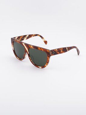 Celine CL40001F 56N Sunglasses Havana Flat-Top Frame, Green Lenses